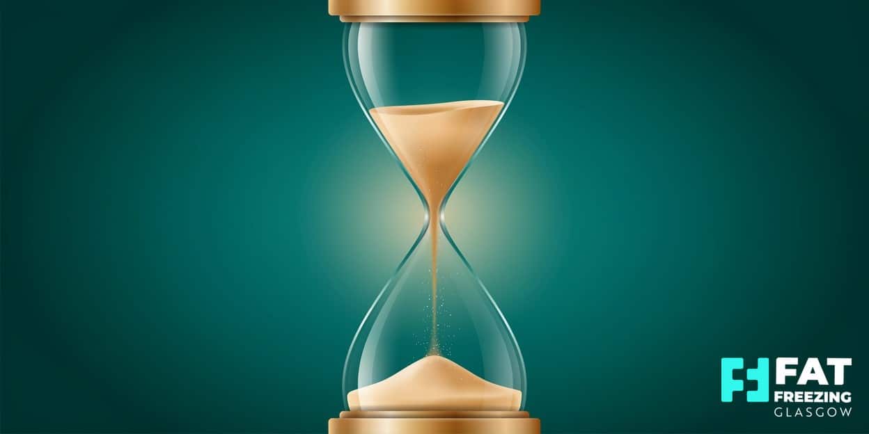 A flat-vector illustration of a slim hourglass with warm-gold sand settling into its lower chamber, on a bold emerald-green background, symbolising results that develop gradually over time