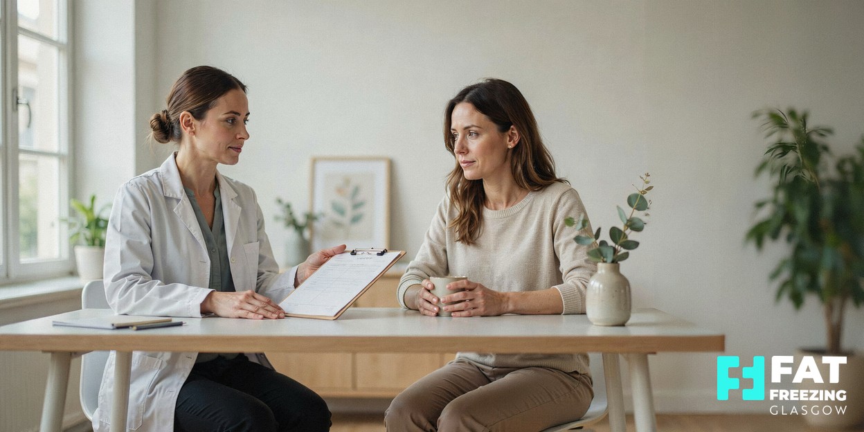 A photograph of a practitioner and client seated at a clean modern clinic desk reviewing a medical history form together in soft natural daylight