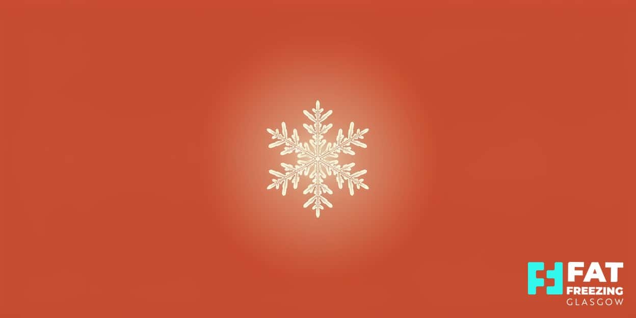 A flat-vector illustration of a crystalline snowflake cradled within a soft protective glow on a bold deep-coral background, symbolising fat freezing safety