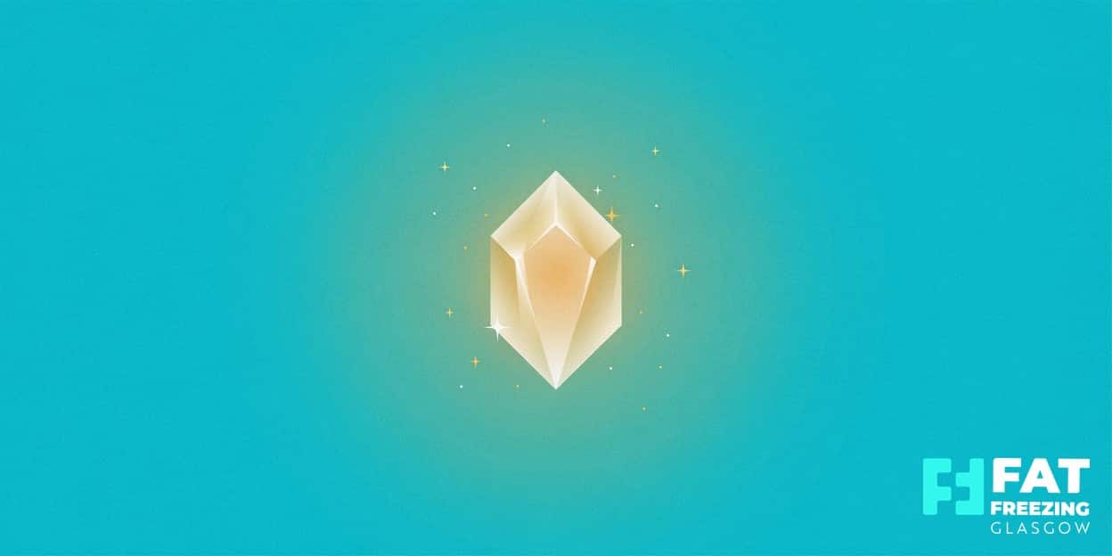 A flat-vector illustration of a single glowing ice crystal cradling a warm-gold glow, centred on a bold ice-cool cyan background